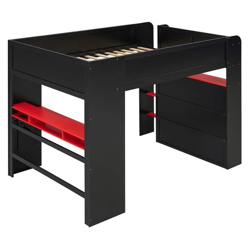 Full Size Wood Bunk Bed with height-adjustable Desk,Wardrobe and RGB Light
