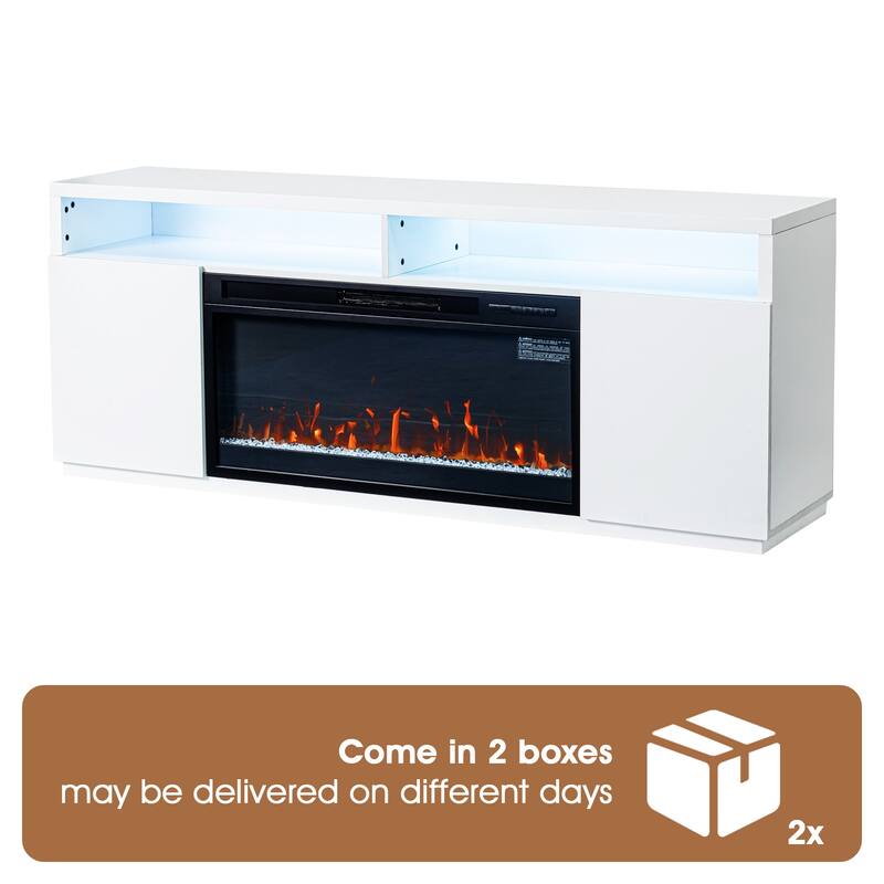 68" Modern RGB LED White TV Stands Console with 36" Fireplace