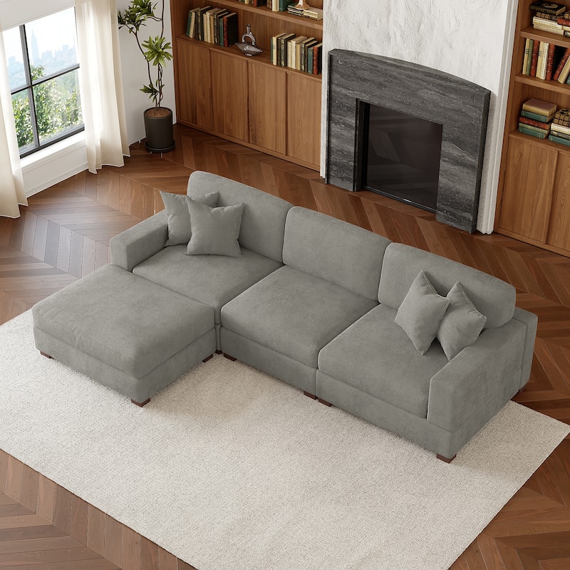 Oversized Chenille Modular Sectional Sofa Living Room Set with Ottoman - Grey/4 Piece