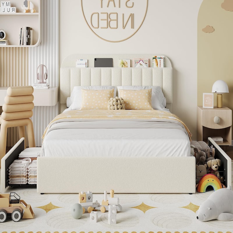 Bed Frame with Storage Headboard, 2 Drawers - Beige - Queen