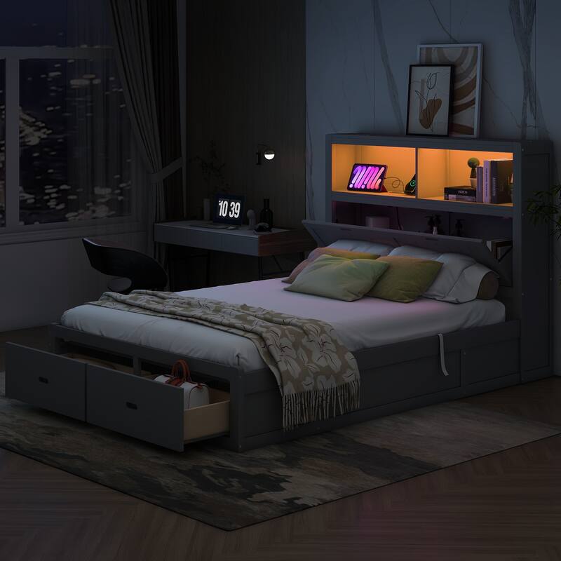 Wooden Bed with LED Storage Headboard, Charging Station, and 2 Drawers