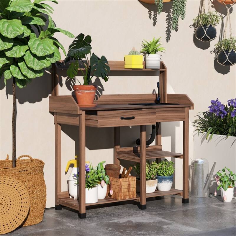 Garden Work Bench with Sink, Faucet, Storage Shelves & Hooks - 45.25" W x 17.75" D x 48.5" H - Brown