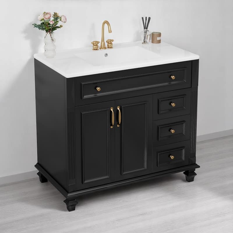 36" Bathroom Vanity with Ceramic Sink, Tilt-Out Drawer, 3 Drawers, Soft-Close Doors, Solid Wood & MDF Cabinet
