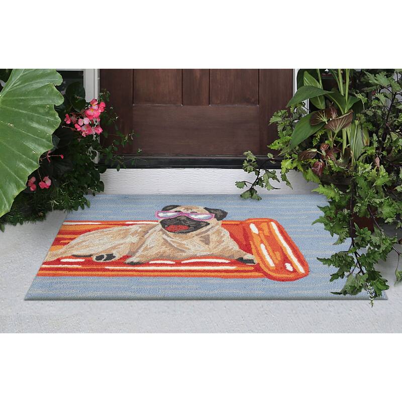 Liora Manne Frontporch Pool Party Pug Indoor/Outdoor Area Rug - 2' x 3' - Blue