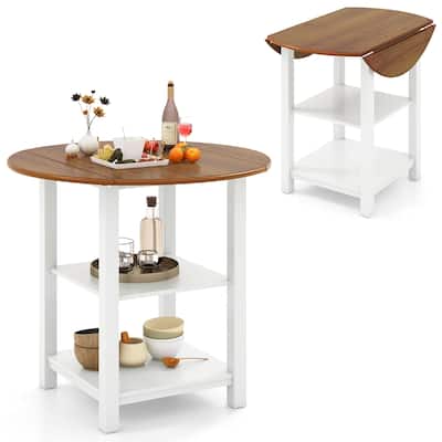 Gymax Folding Round Dining Table Drop Leaf Table w/ 2 Shelves for