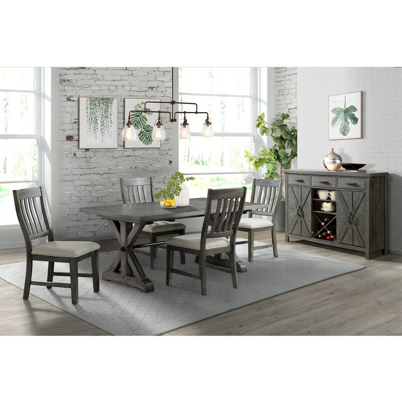 Extendable Dining Set for 8 - Rectangular Table, Wine Server, 4 Chairs - Distressed Gray Finish
