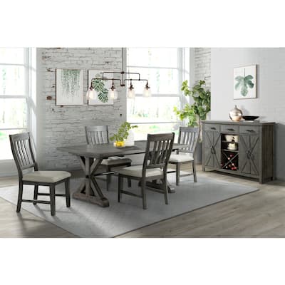 Extendable Dining Set for 8 - Rectangular Table, Wine Server, 4 Chairs - Distressed Gray Finish