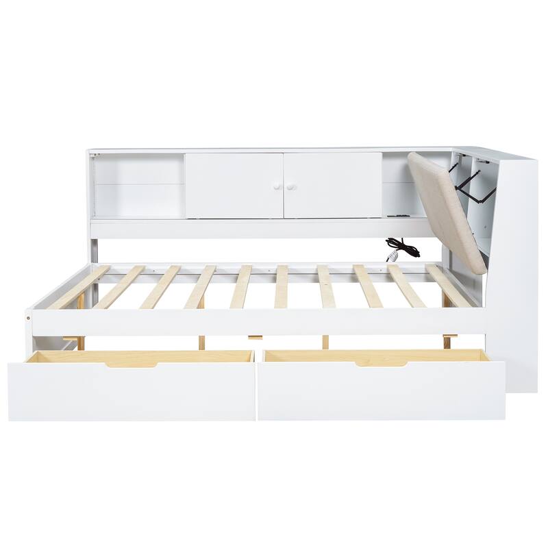 L-Shaped Daybed with Bookcase & USB Charging Port, Wood Floor Corner Bed Frame with Storage Drawers & Upholstered Headboard