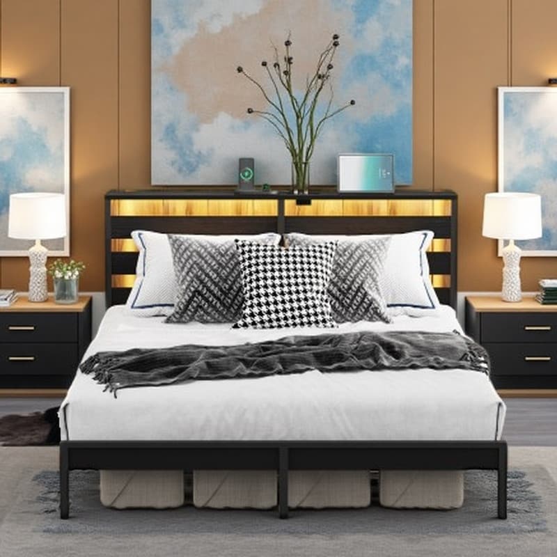 Full Size Metal Platform Bed with Wooden Headboard & Footboard, LED Lighting, USB Charging Station & Under-Bed Storage