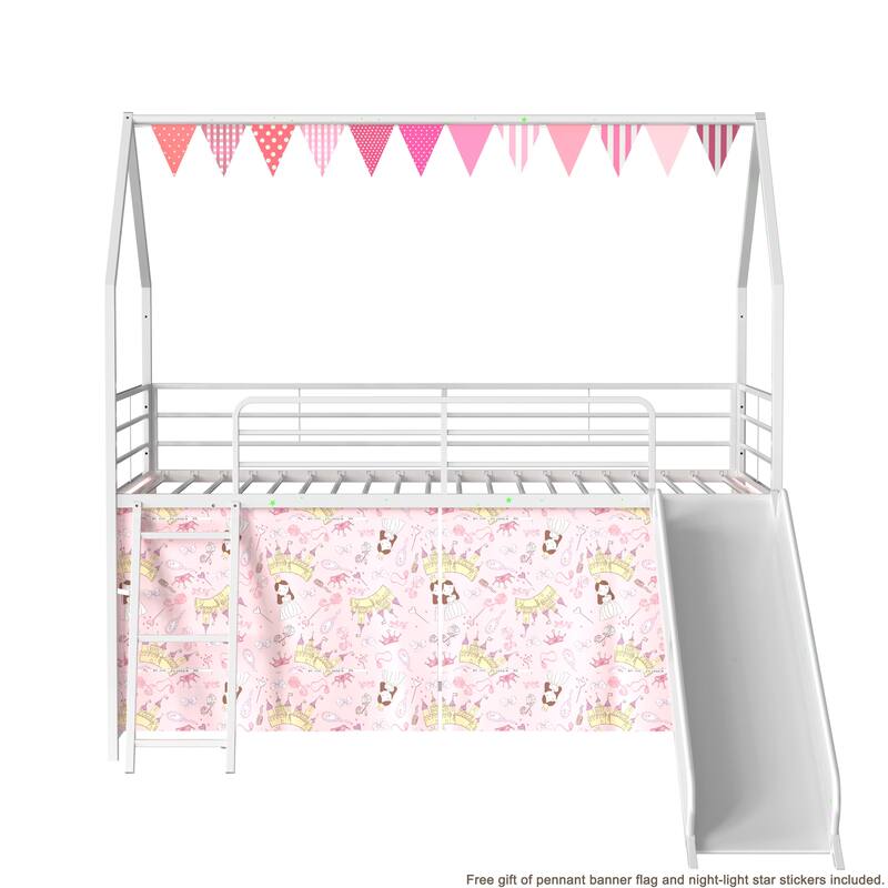 Metal Junior House Twin Loft Bed with Slide and Curtain Set and Pennant Banner Flag and Star Stickers