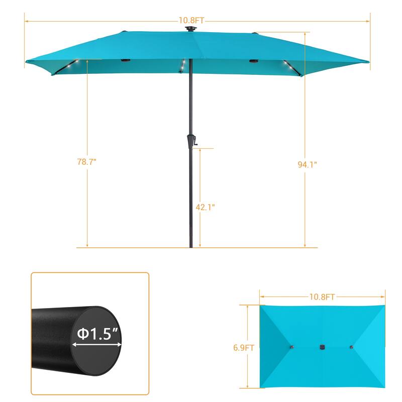 LIVOOSUN 11x7Ft/10x6.5ft LED Large Double-Sided Rectangular Outdoor Patio Market Umbrella with Crank, Navy Blue