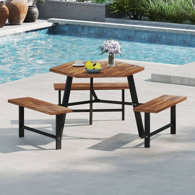 Gymax 6 Person Acacia Wood Picnic Table Bench Set w/3 Seats Umbrella