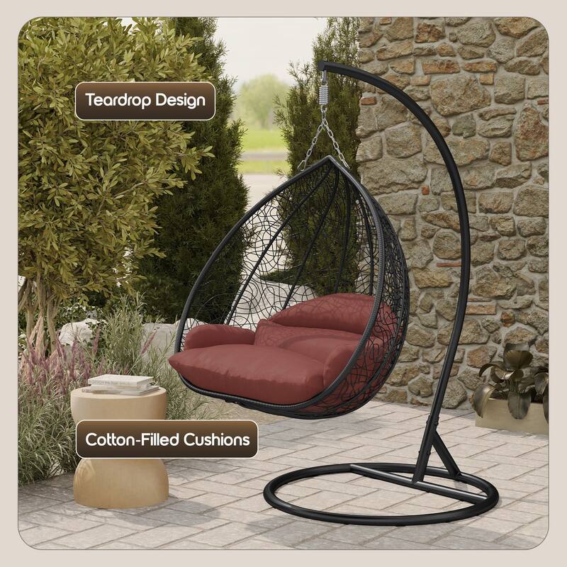 2-Person Outdoor Hanging Egg Chair with Teardrop Frame, Weather-Resistant Cotton Cushioned Seat for Patio and Indoor Use