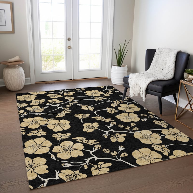 Machine Washable Indoor/ Outdoor Floral Zen Chantille Rug - Black - 9' x 12'