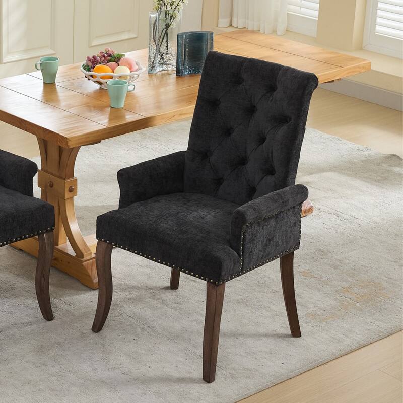 Upholstered Chenille Dining Chairs, Tufted Accent Armchairs with Curved Solid Wood Legs, Dining Room Arm Chair