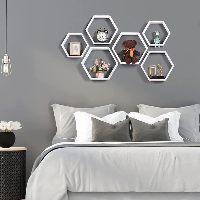 Set of 6 Wooden Hexagon Rustic Floating Shelves in Deep Natural Wood
