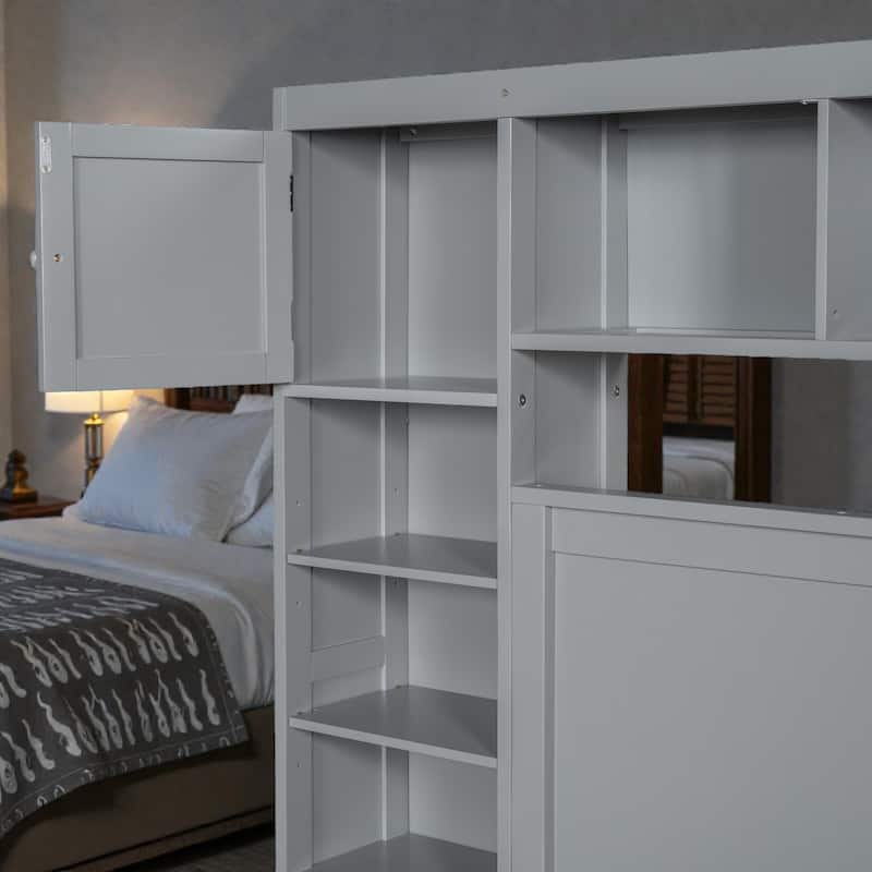 Queen Size Wooden Platform Bed with Storage Drawers, Shelves and Built-In Outlets, All-in-One Headboard Bed