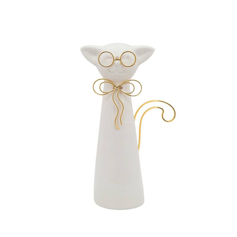 Sagebrook Home Modern Stoneware and Ceramic Cat Figurine with Gold Wire Accents - Elegant Decorative Sculpture - 5" x 2" x 8"