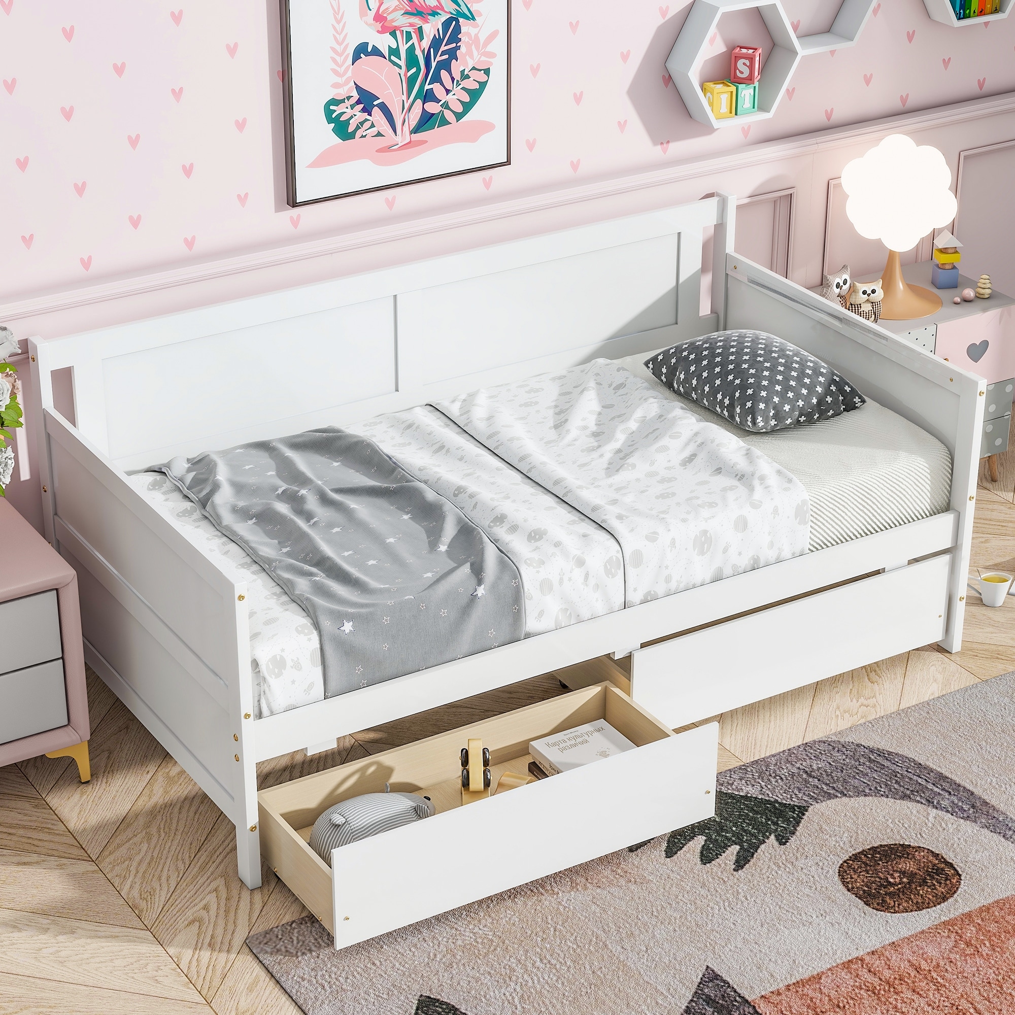 Twin Size Pine Wood Daybed with two Storage Drawers, White