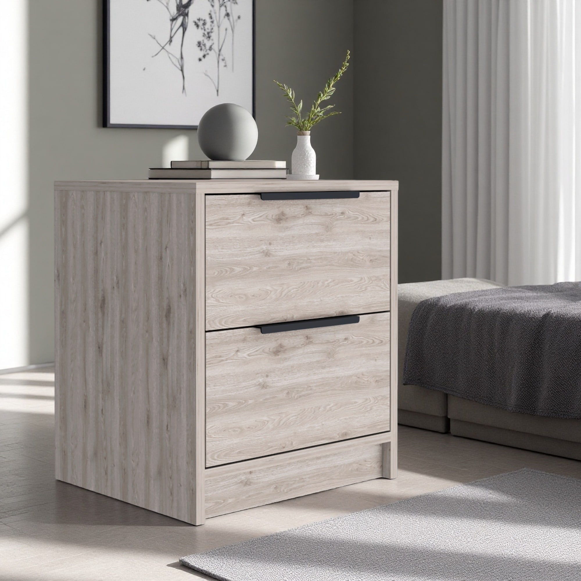 16"L Laminated Particleboard Nightstand with Metal Handles, Two Drawers - Multipurpose End Table, Side Table