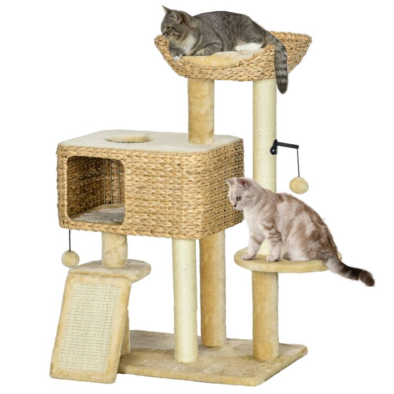38" Cat Tree for Indoor Cats, Cat Tower with Scratching Posts, Ramp, Condo, Toy Balls, Platform, Bed - Beige - Beige