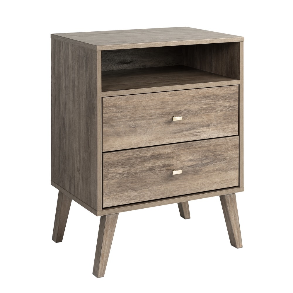 Prepac Milo Mid-Century Modern 2 Drawer Nightstand with Open Shelf, Bedside Table, Contemporary Bedroom Furniture