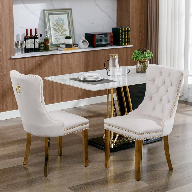 Tufted Velvet Dining Chairs - Solid Wood - Golden Stainless Steel Legs - Nailhead Trim - Set of 2