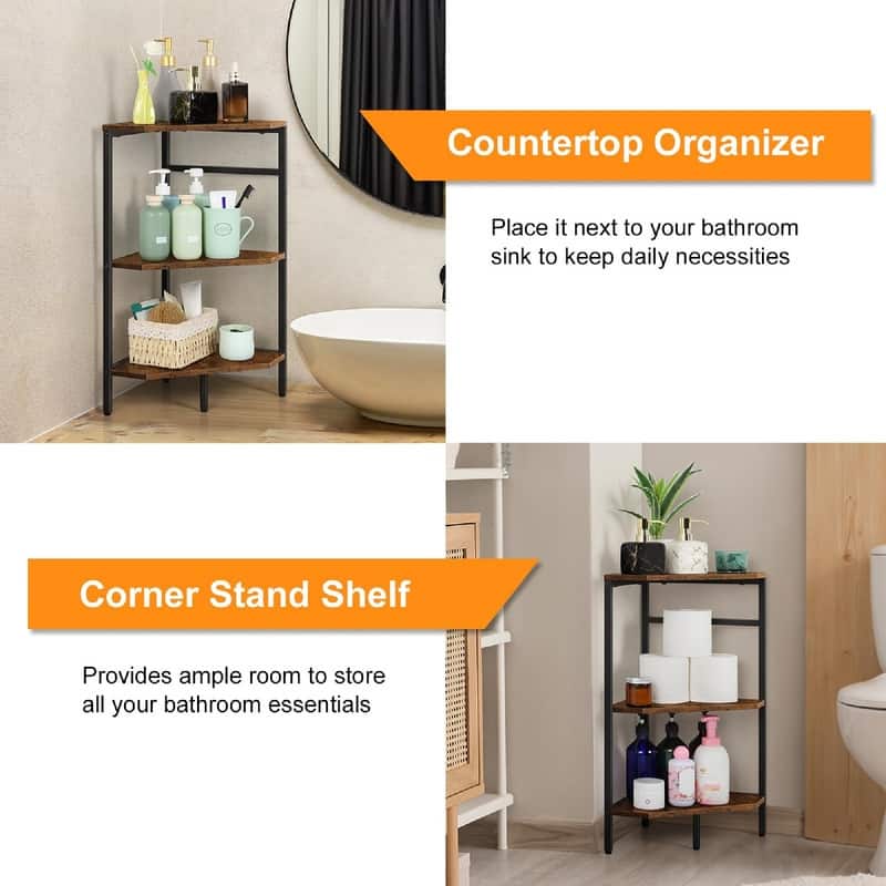3 Tier Wooden Corner Shelves Standing - 23.62"D x 11.81"W x 24.6"H