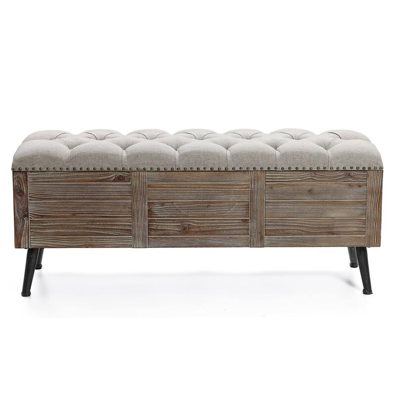 Natural Wood Upholstered Bedroom and Entryway Storage Bench - 20.08" H x 47.24" W x 15.75" D