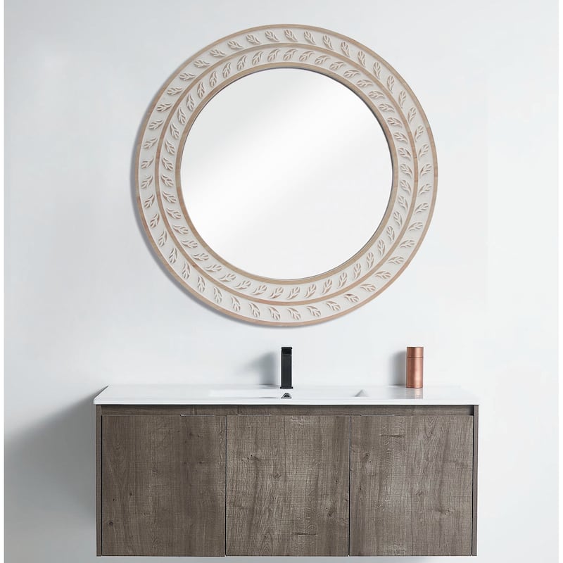 Farmhouse Rustic Wood Carved Frame Mirror，31.5 Inch