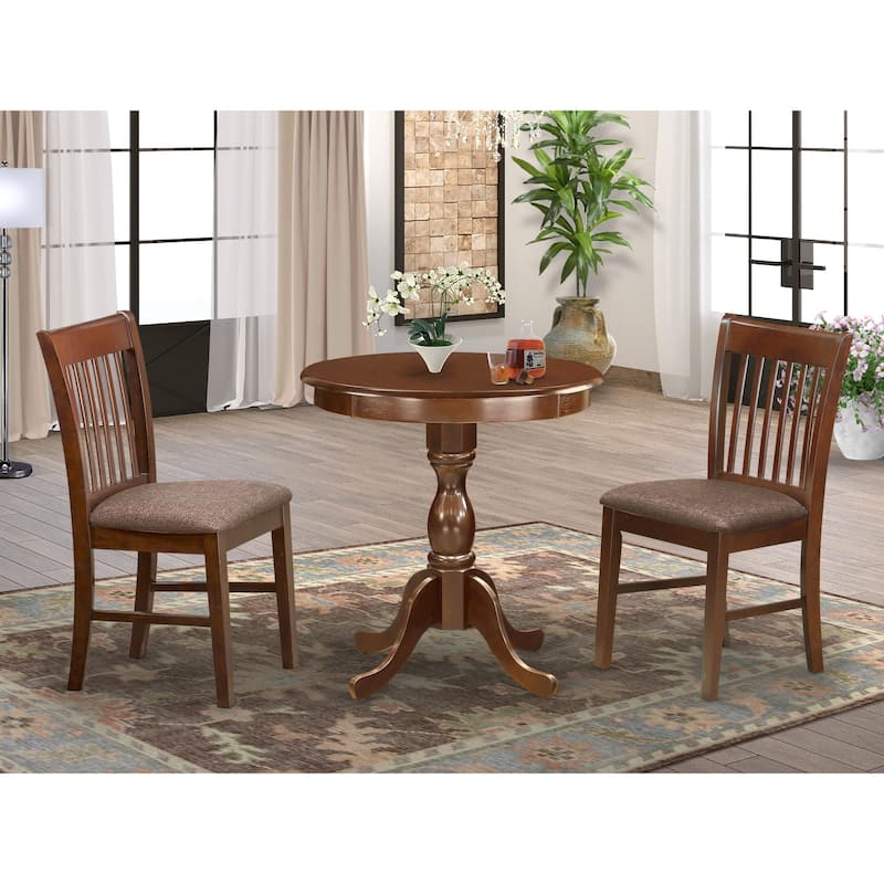 East West Furniture 3 Piece Modern Dining Table Set- a Round Wooden Table and 2 Dining Chairs, (Seat & Finish Options)