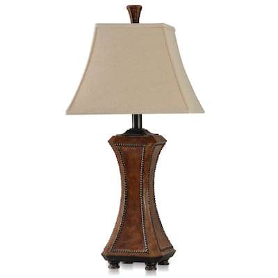 StyleCraft Archer Faux Wood and Nailhead Trim Table Lamp with Light Beige With Trim Fabric Shade