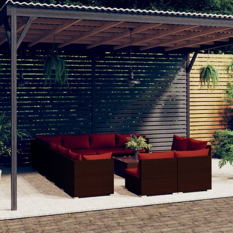 vidaXL Patio Lounge Set Outdoor Sectional Sofa Set Table Garden Poly Rattan - 27.6" x 27.6" x 23.8" - Brown/Cinnamon red 13 Piece