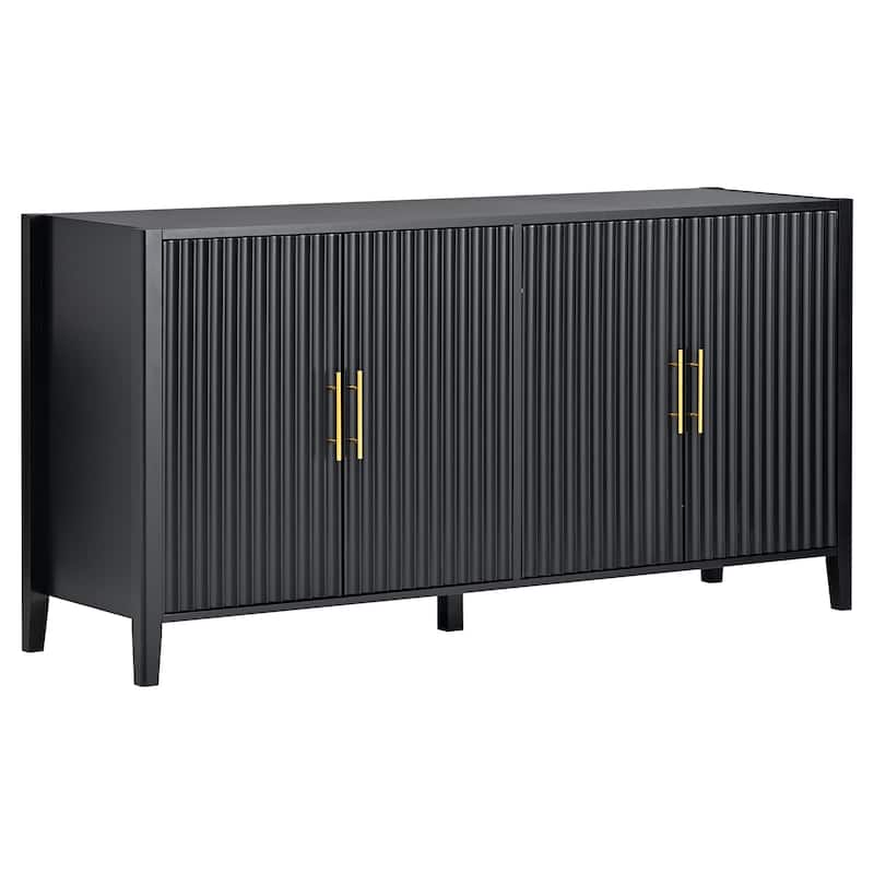 63.1"Modern 4-Vertical Wavy Slatted Doors Sideboard,Storage Cabinet With Elegant Design, Solid Wood Legs, Metal Handles