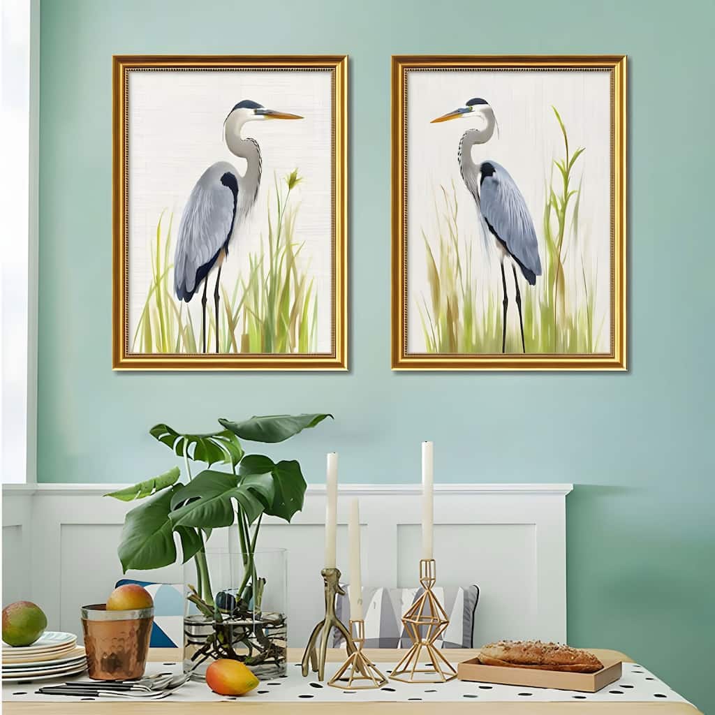 Set of 2 Heron Bird Framed Wall Art - Replaceable Canvas Prints with Solid Wood Picture Frames, Modern Nature Wall Decor