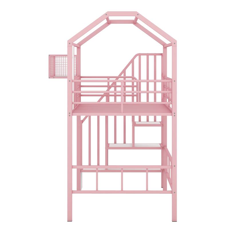 Metal Loft Bed for Kids with Roof Design, Storage Box, and Guardrails - Twin Size, Perfect for Small Spaces