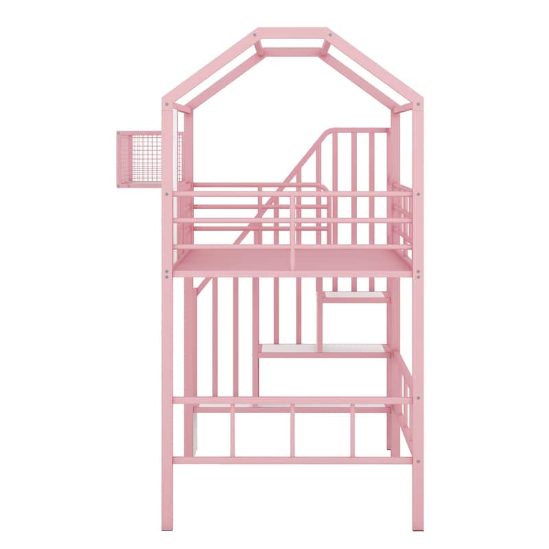 Twin Size Metal Loft Bed w/Roof Design, House Shaped Stairway Bedframe