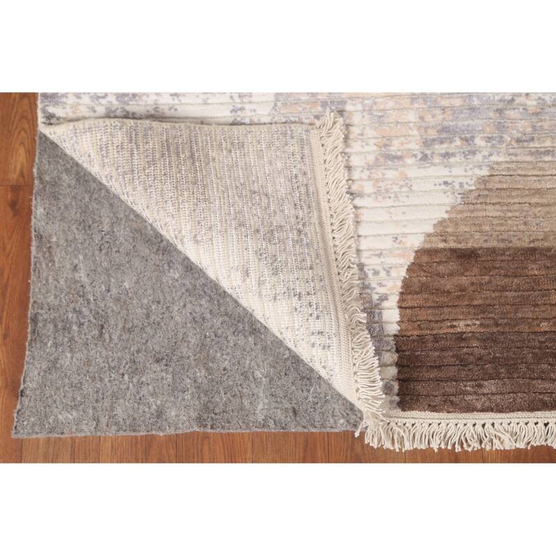 Beige Striped Modern Indian Area Rug Handmade Wool Carpet - 6'6"x 9'1"