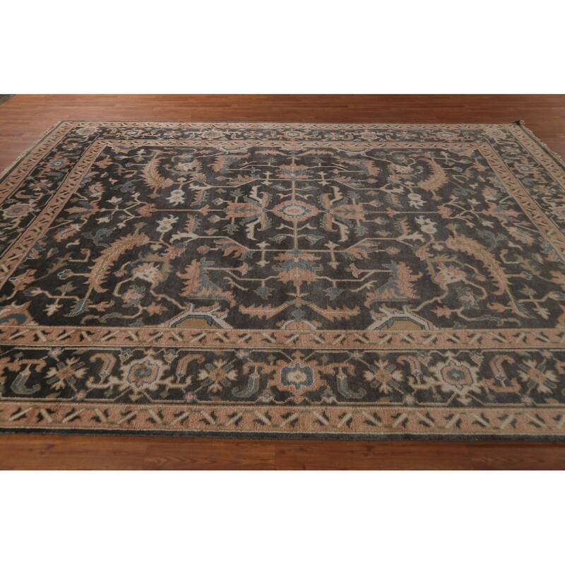 All-Over Floral Oushak Indian Area Rug Hand-Knotted Wool Carpet - 9'1" x 11'8"