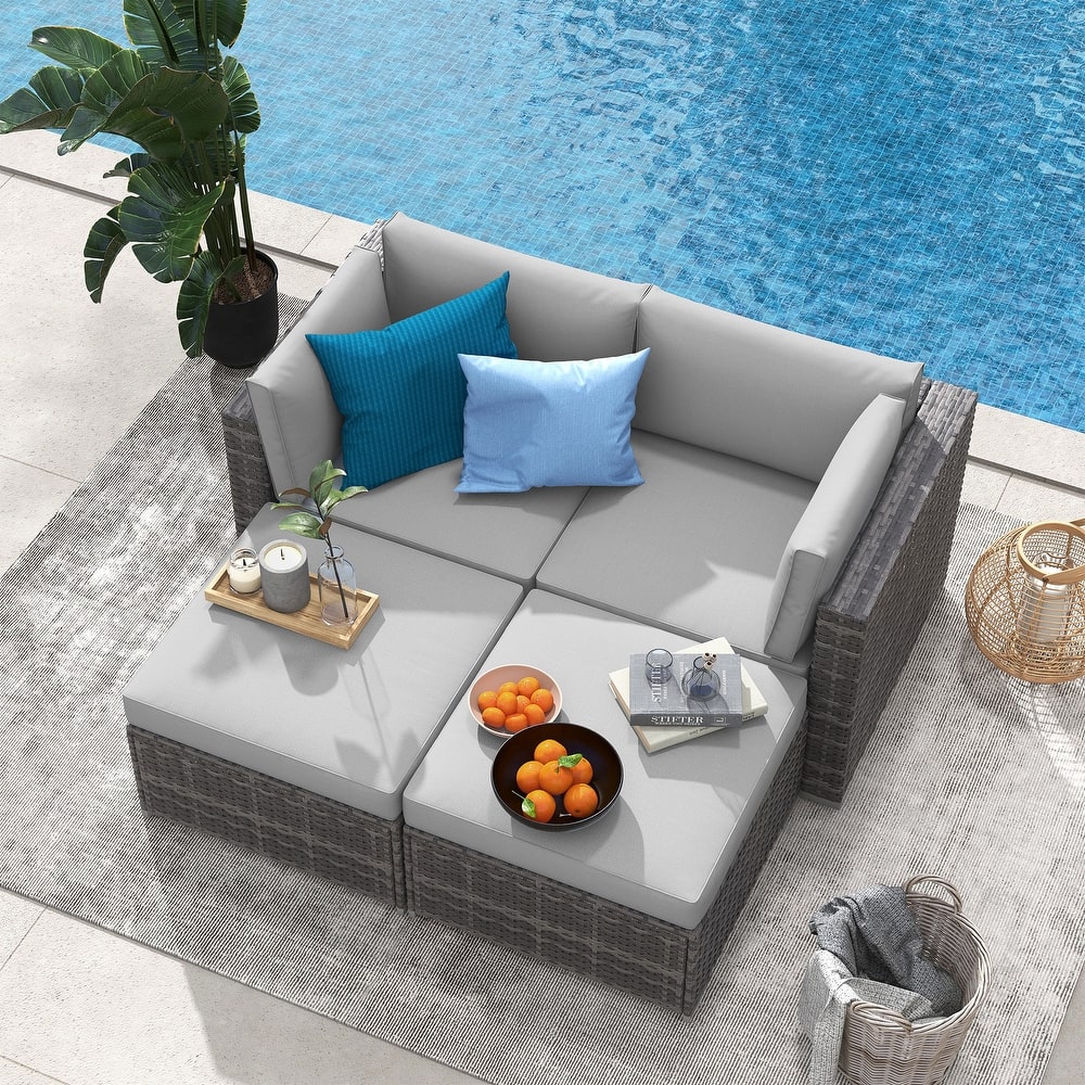 4-Piece Patio Sectional Sofa Wicker Furniture Set Outdoor daybed With Water resistant cushion