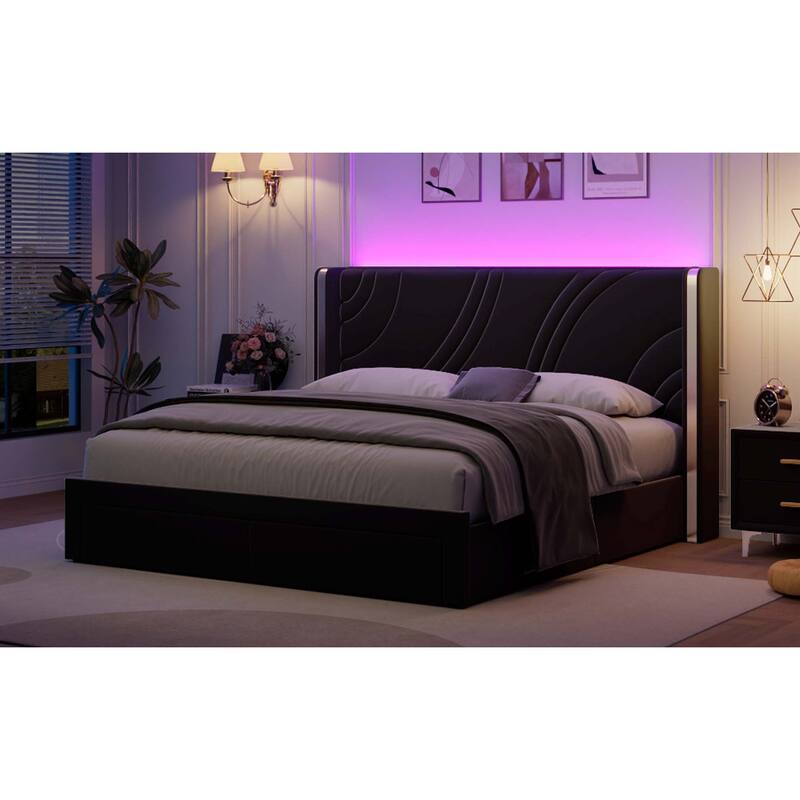 Modern Wingback Bed Frame with Storage Drawers RGB Light