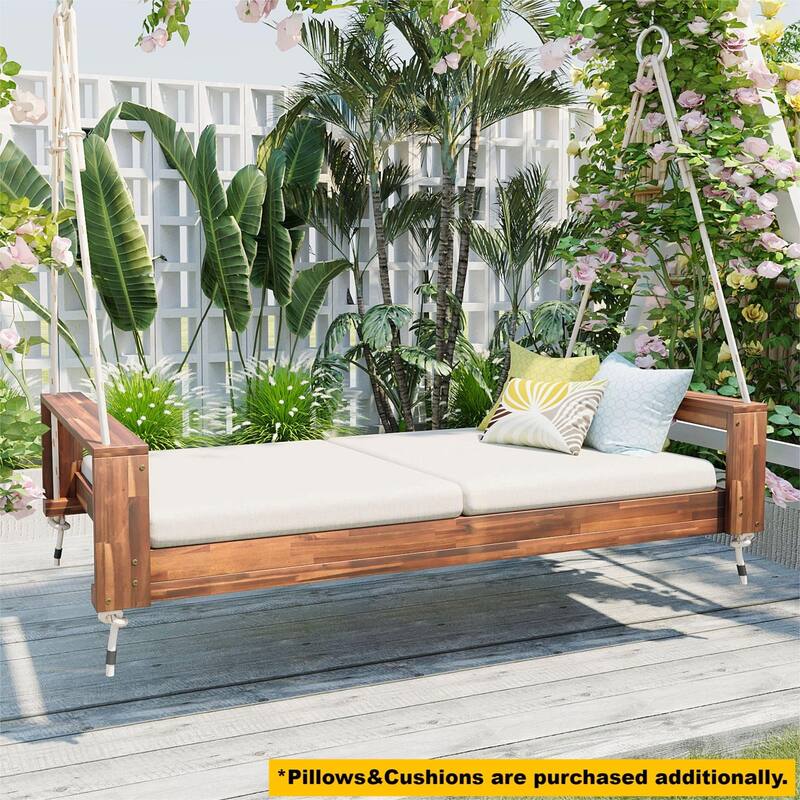 Twin Size Porch Swing Bed Seating Group, Patio Acacia Wood Swing Frame with Hemp Rope