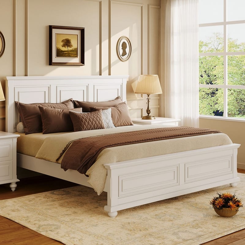 Traditional Town Country Style Grooved Panel Bed, Pine Wood Low Profile Bed, Vintage Wingback Bed Wood Slat Support Platform Bed