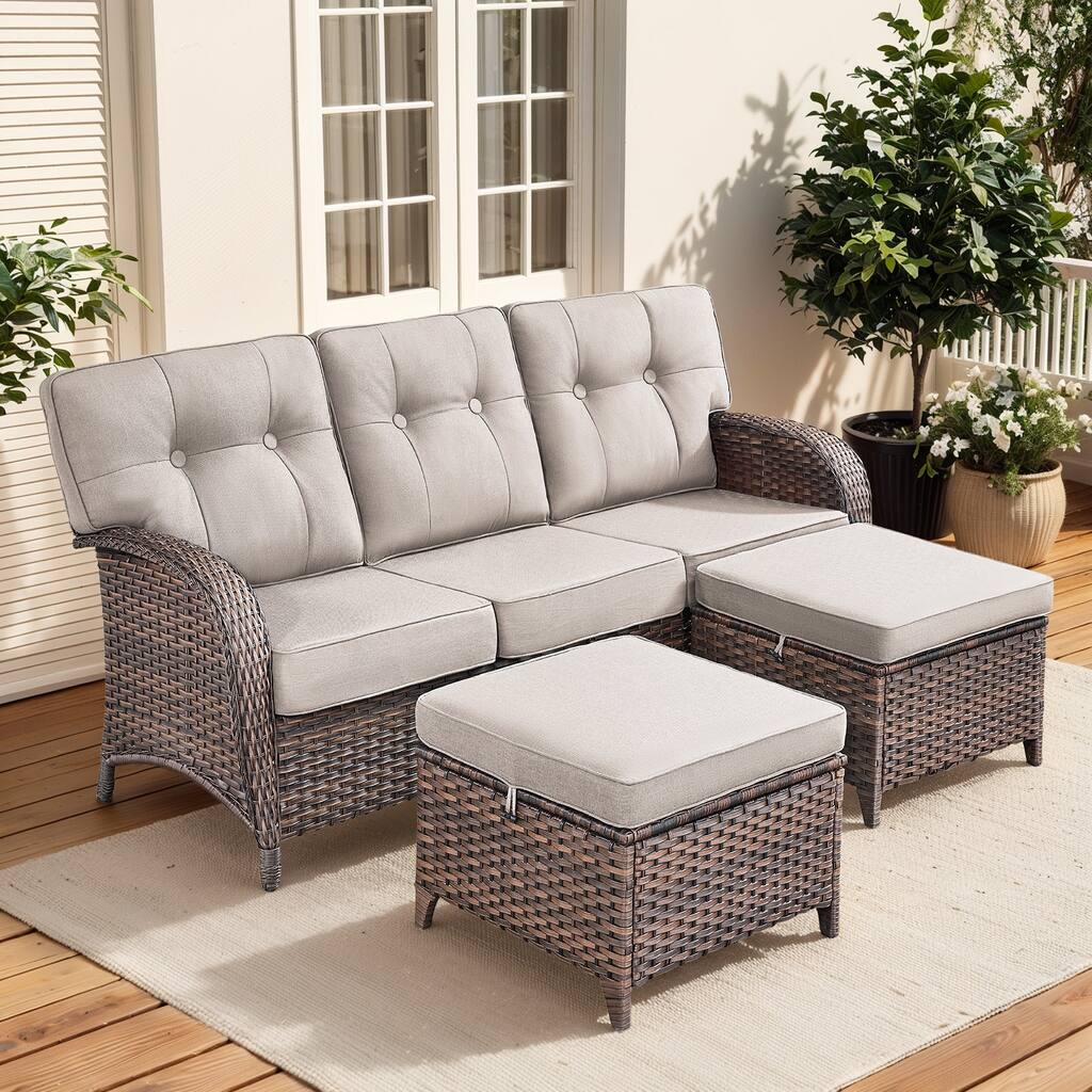 Gymojoy 3-Piece Outdoor Wicker Patio Furniture Set, 5" Thick Cushioned Rattan Sofa with Ottomans