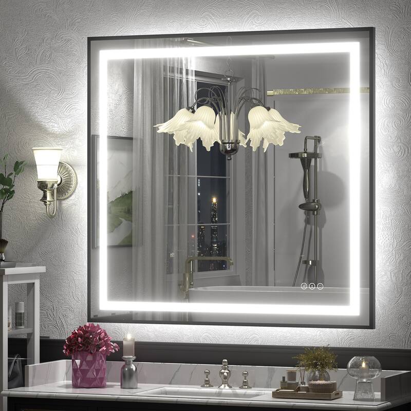 Black Metal Framed LED Front Light and Backlit Anti-Fog Wall Bathroom/ Vanity Mirror - 40" x 38"-Square Corner - Black