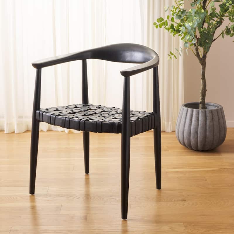 SAFAVIEH Birtie Woven Leather & Solid Wood Accent Chair (Fully Assembled) - W25" x D22" x H22" - 25Wx22Dx22H