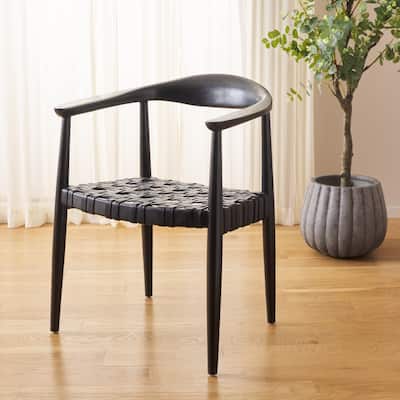 SAFAVIEH Birtie Woven Leather & Solid Wood Accent Chair (Fully Assembled) - W25" x D22" x H22" - 25Wx22Dx22H