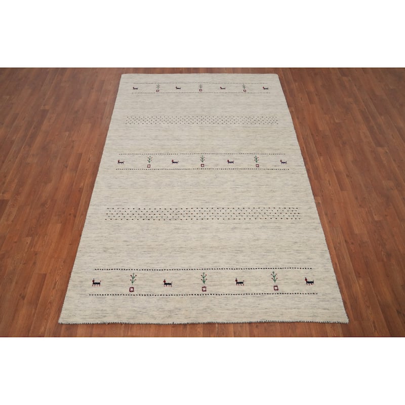 Hand Knotted Oriental 100% Wool Carpet Tribal Animal Pictorial Beige & Ivories Gabbeh Area Rug - 7' 9'' X 5' 1''