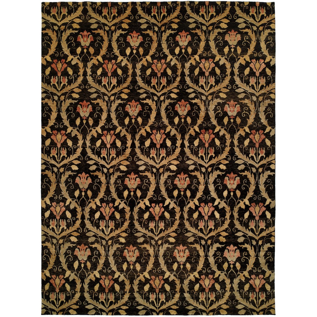 Transitional Black Hand-Knotted Wool Area Rug