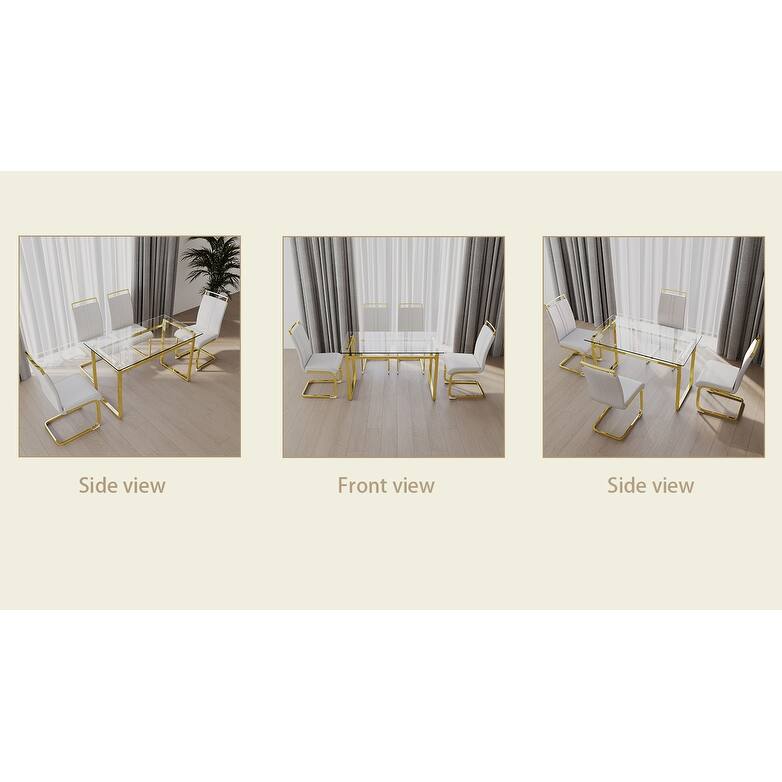 5-Piece Glass Dining Table Set with Gold Metal Legs and 4 PU Upholstered Chairs